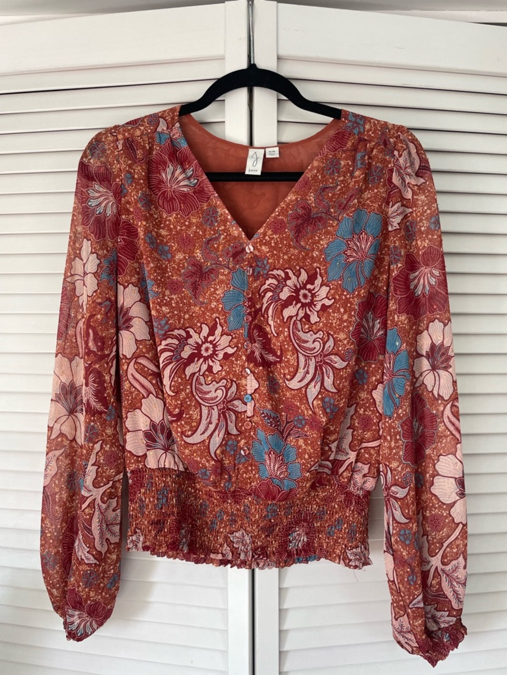 Joie Rust Multi Floral V-Neck Smocked Hem Blouse